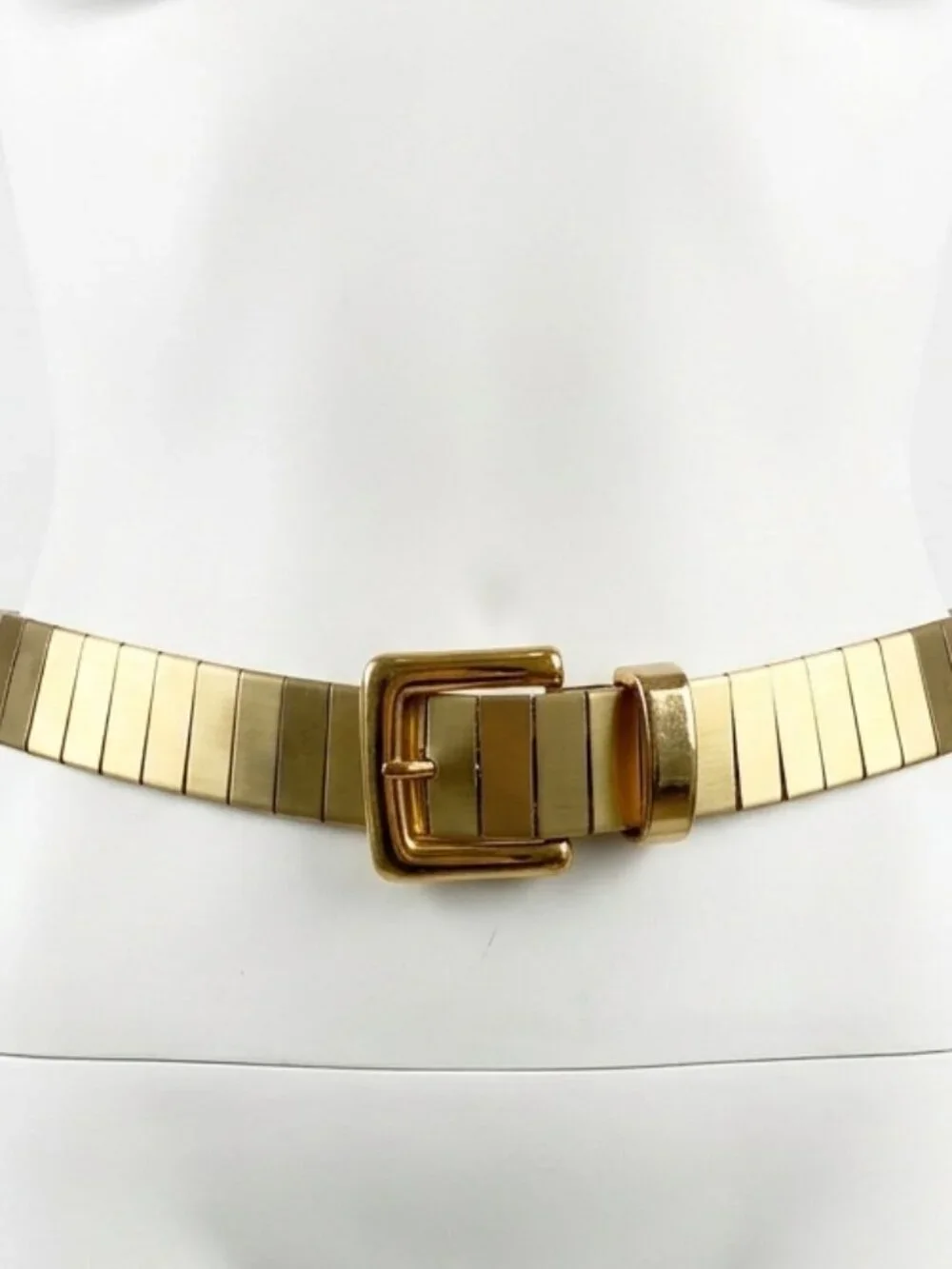 Vintage Gold Tone Metal Segmented Stretch Belt with Rectangle Buckle